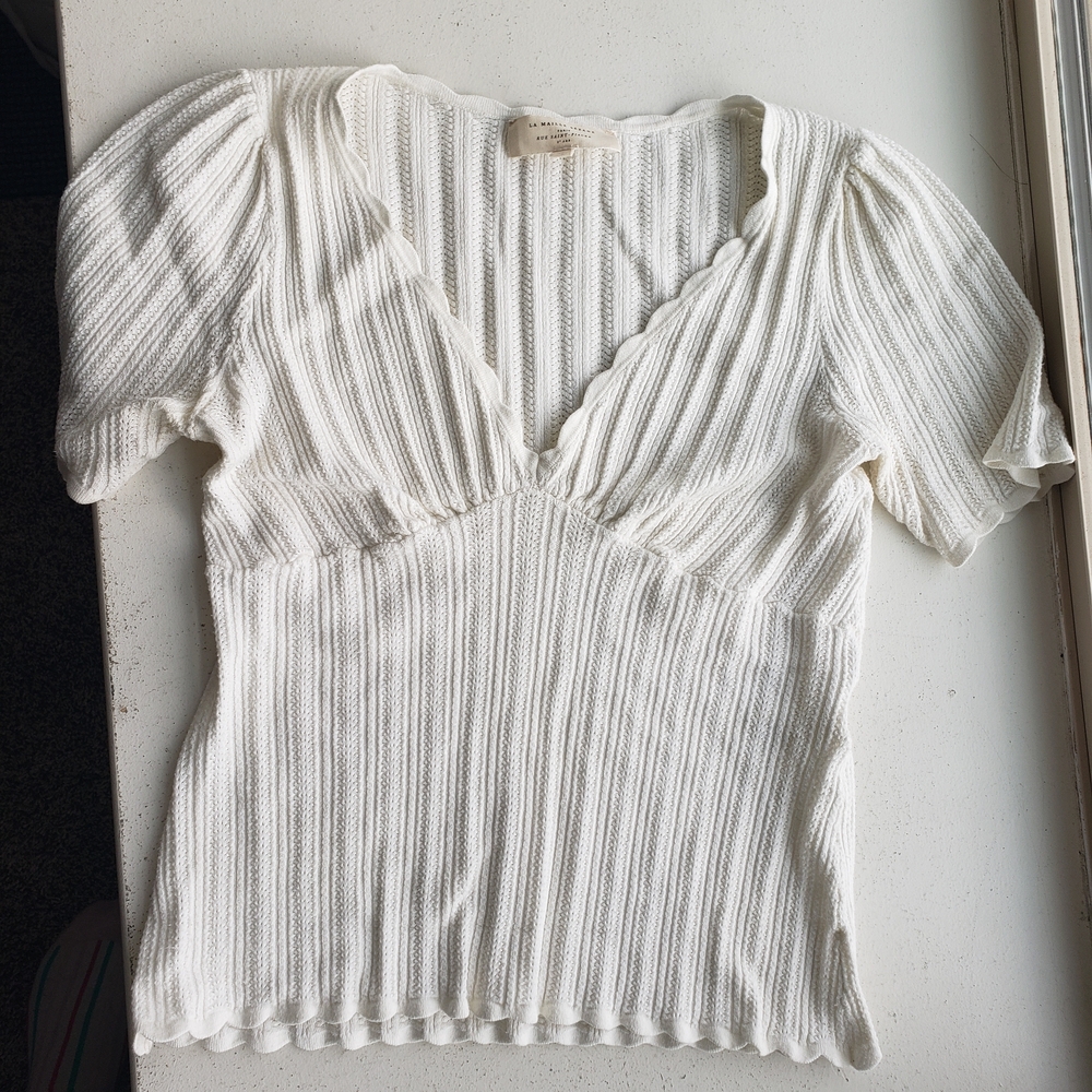 Sezane Cloe Jumper Medium Women's White Ribbed V Neck Top Blouse Shirt #20 - Picture 5 of 13